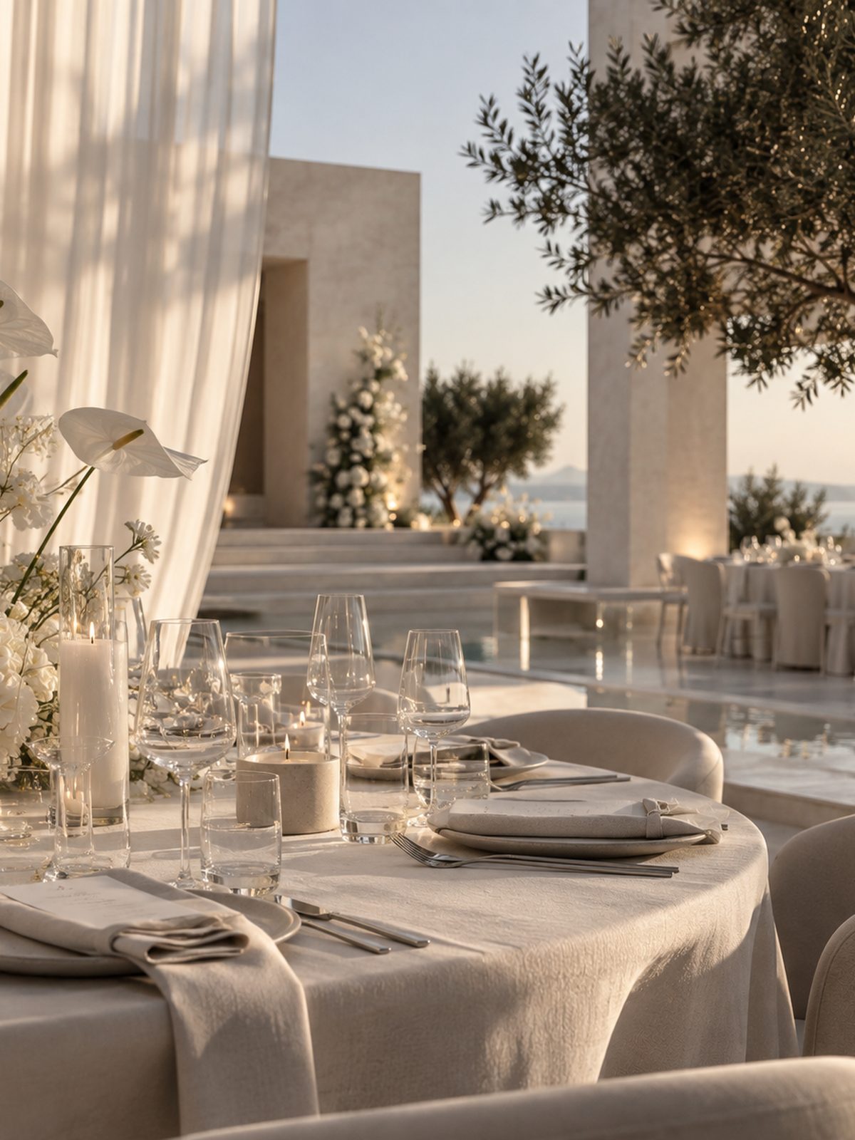 Table de mariage dressée en blanc, bougies et olivier face à la mer