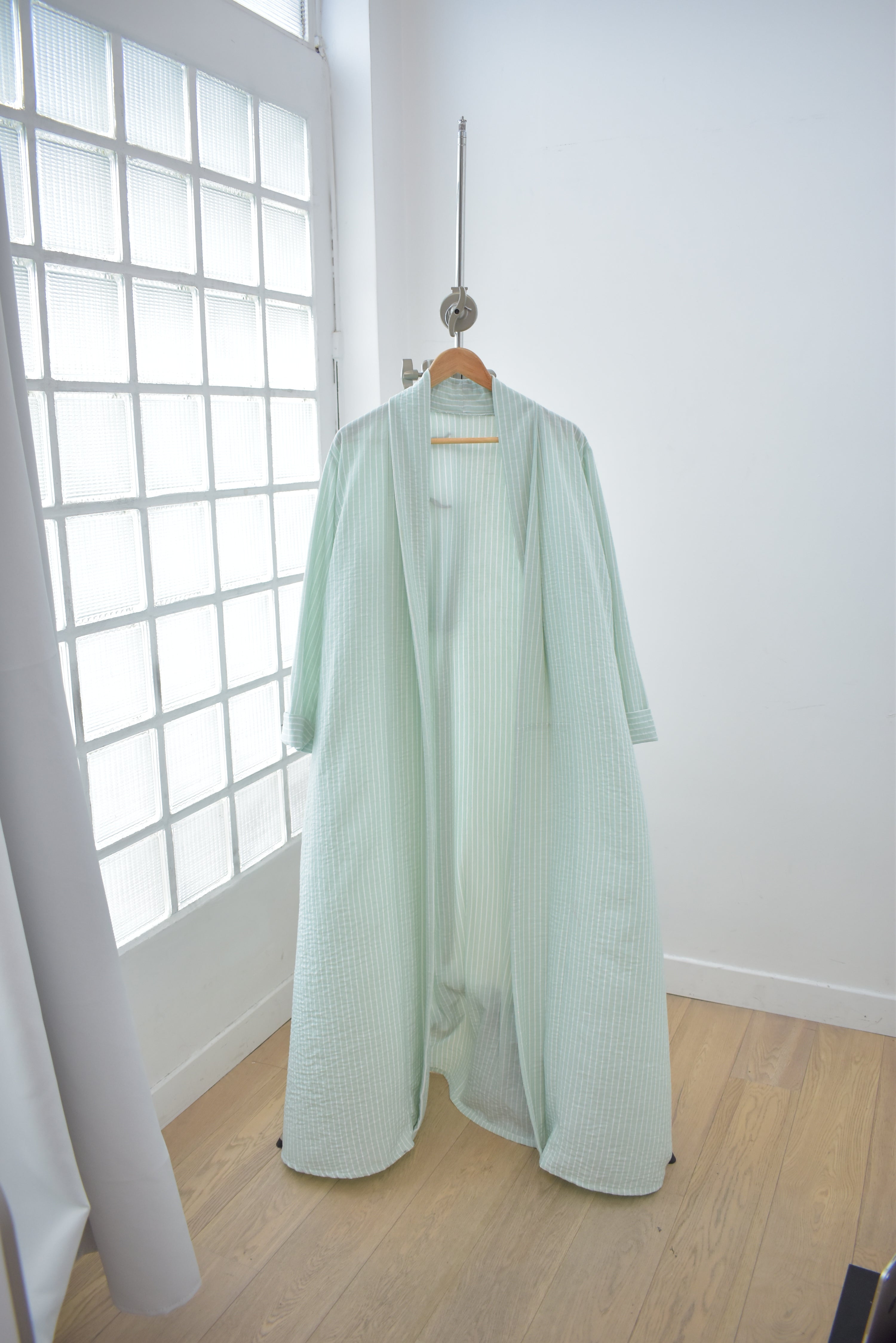 Kimono Abaya long femme celadon rayé élégant Porcelaia Paris