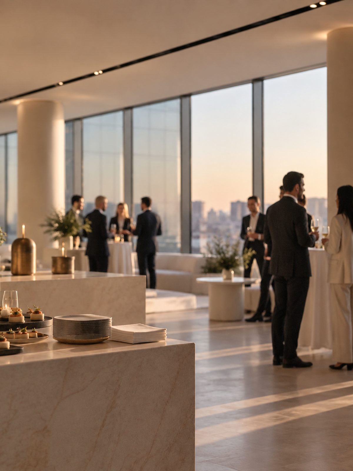 Cocktail d'entreprise en fin de journée, buffet de marbre et baies vitrées