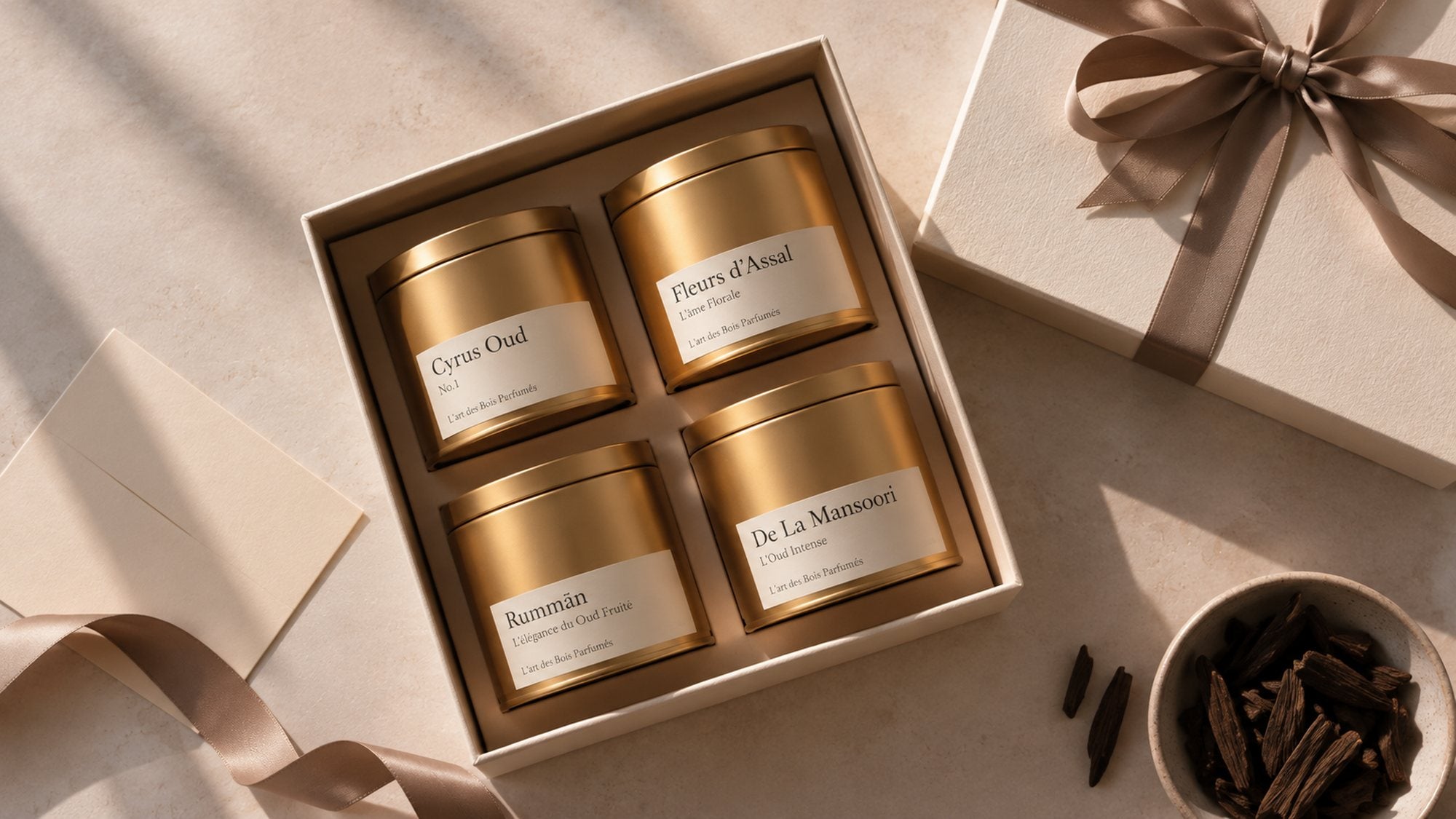 Coffret ouvert de quatre bakhoors dorés, ruban de satin et carte, prêt à offrir