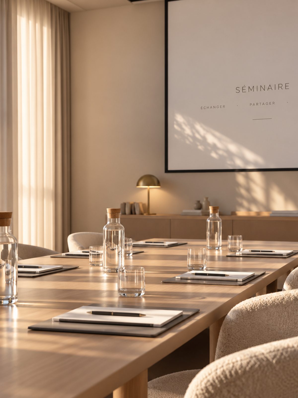 Table de séminaire en bois clair, carnets et carafes, écran au fond