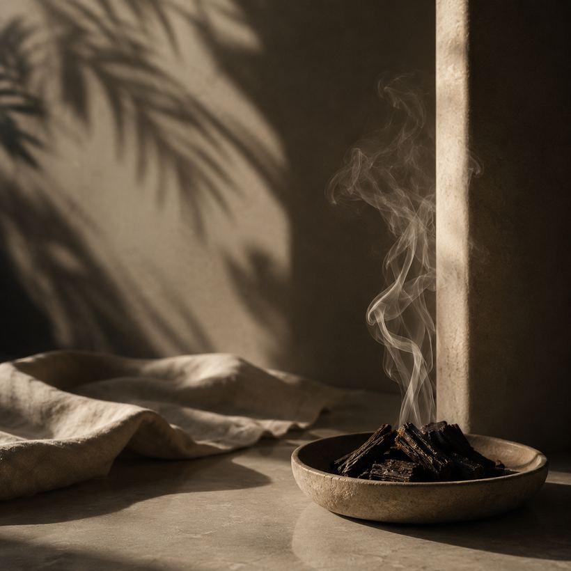 Copeaux de bois d'agar fumant dans une coupelle de pierre