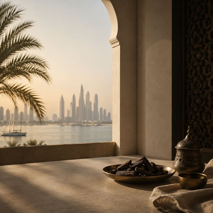 Coupelle de laiton et copeaux de oud devant la baie, Dubaï